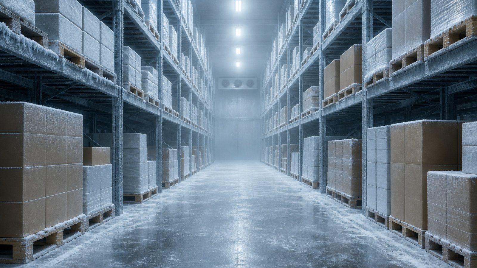 Frozen cold-store aisle with pallet racking and frost haze