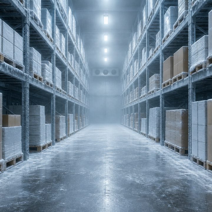 Frozen cold-store aisle with pallet racking and frost haze
