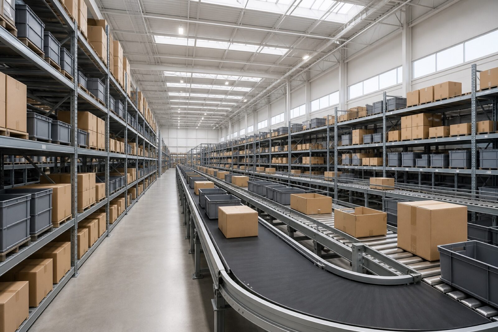 E-commerce distribution centre with multi-tier shelving, tote bins and conveyors