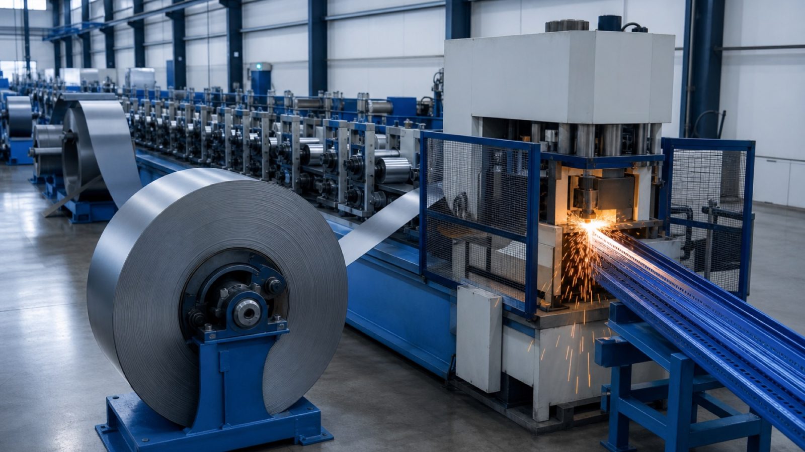 Roll-forming production line making steel racking uprights