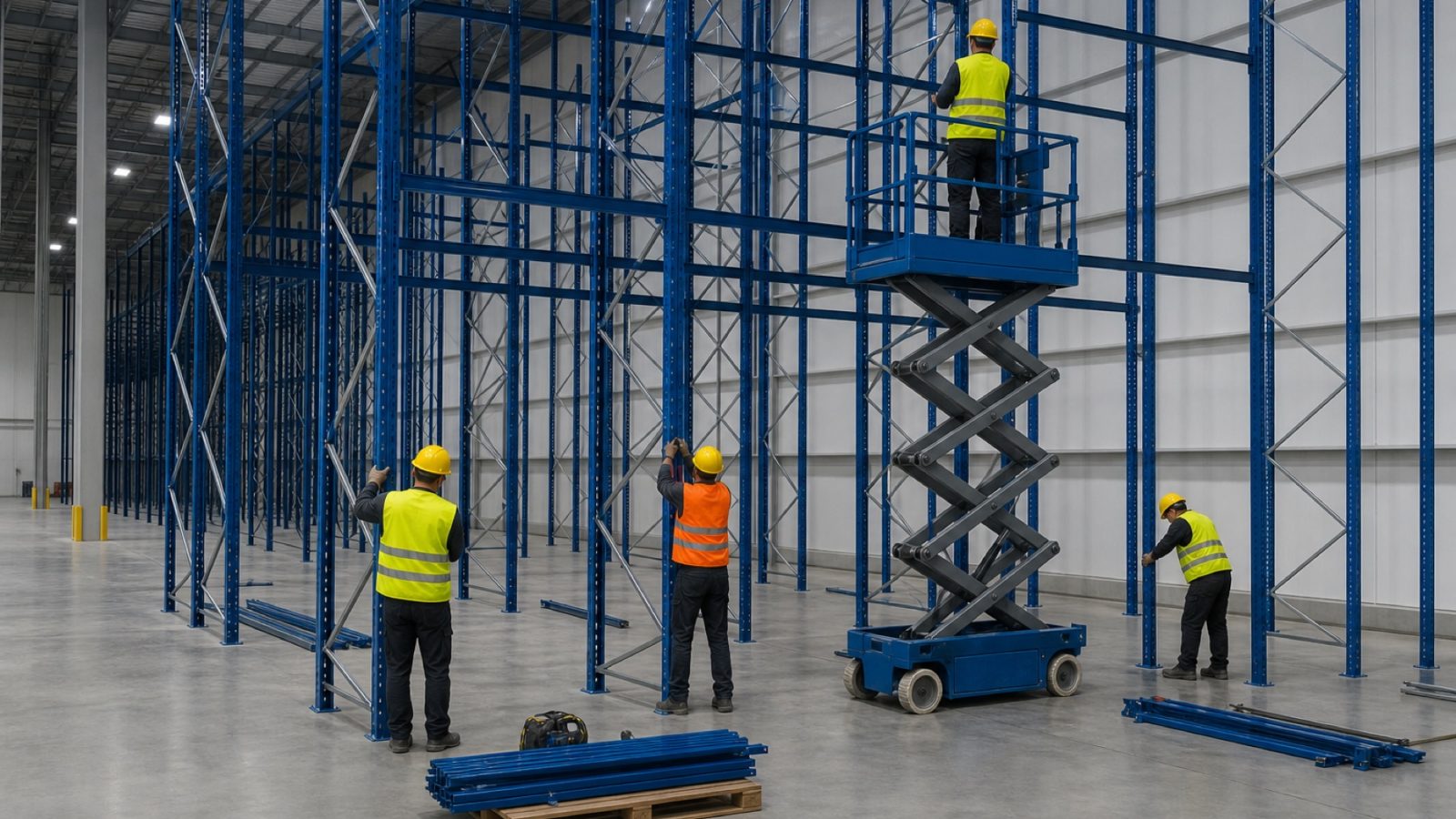 Installation crew erecting steel racking from a scissor lift inside a warehouse