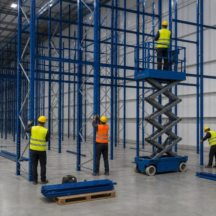 Installation crew erecting steel racking from a scissor lift inside a warehouse