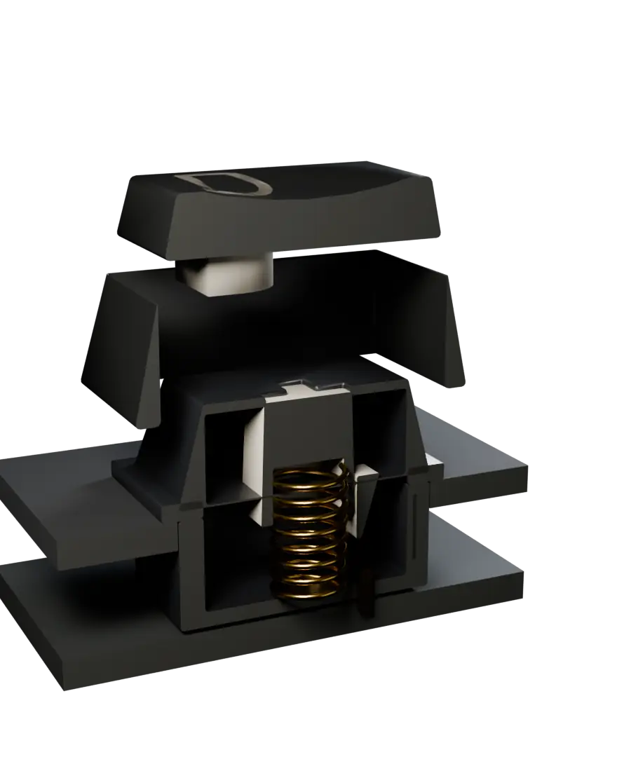 Cutaway of a mechanical switch and keycap at rest, spring uncompressed