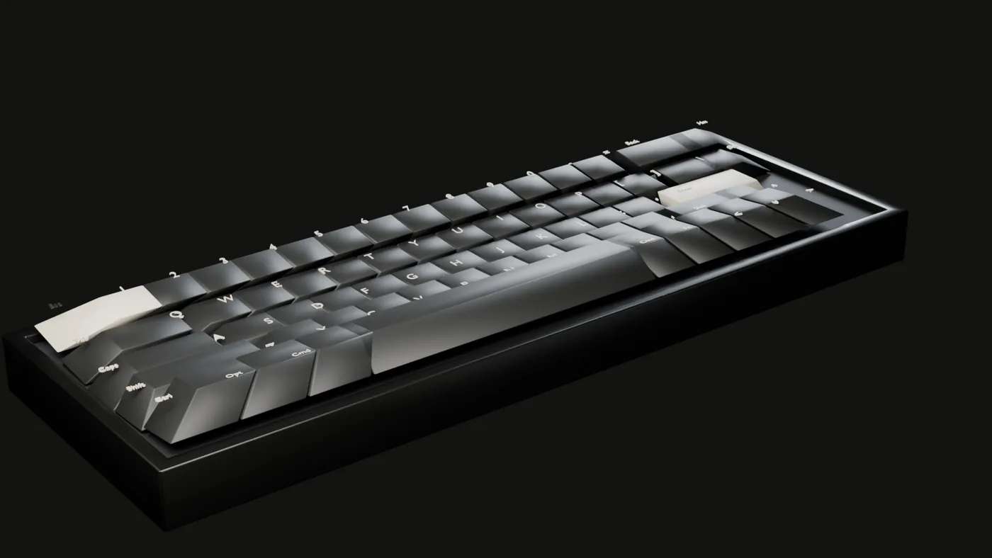 DOWNSTROKE 65 in Carbon seen from the front left, keycaps catching a single light