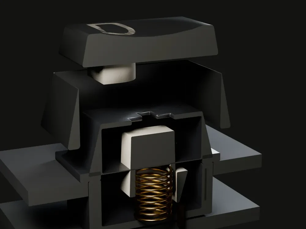 Cutaway of a linear switch with a beige stem, spring visible