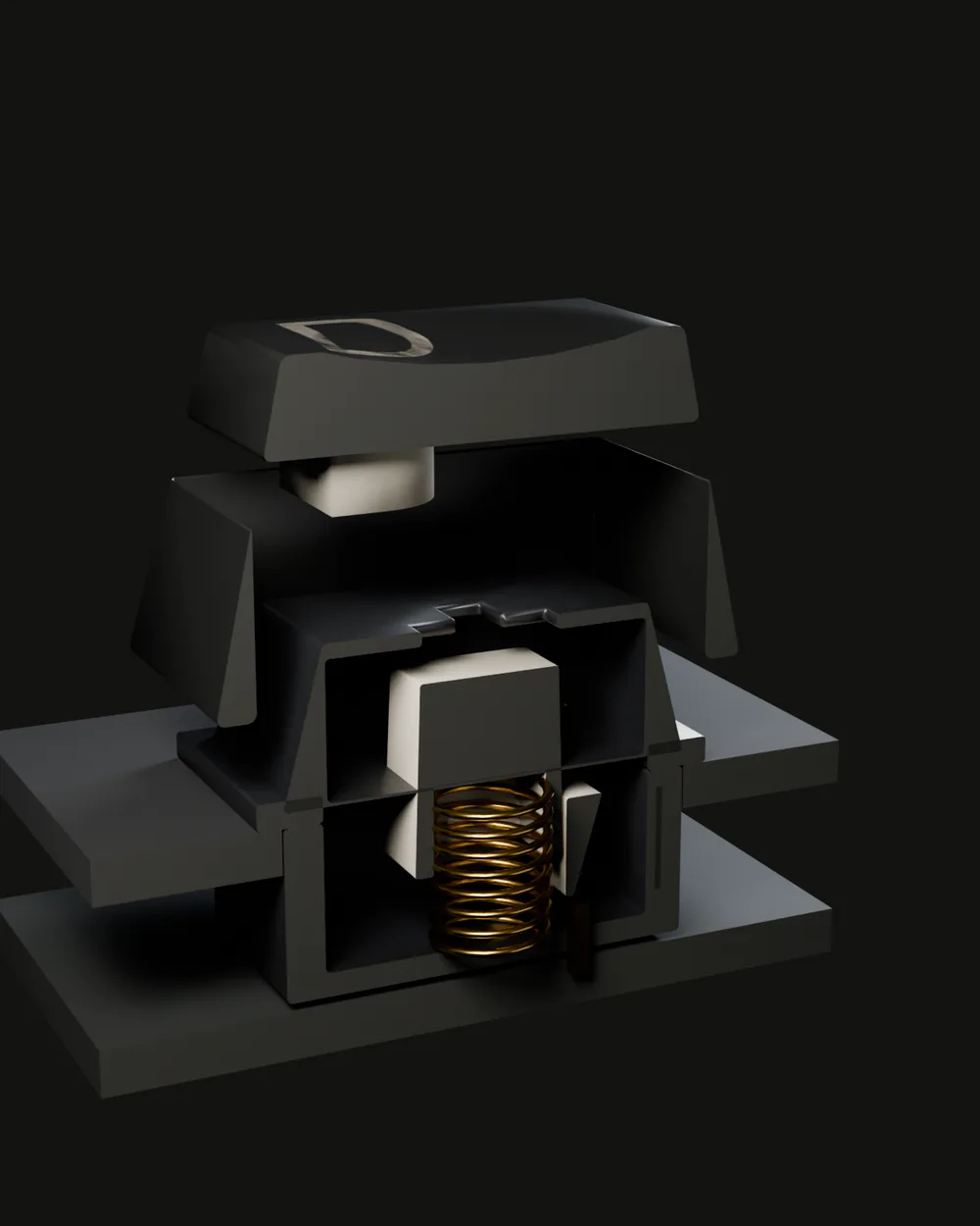 Cutaway of a linear switch with a beige stem, spring visible