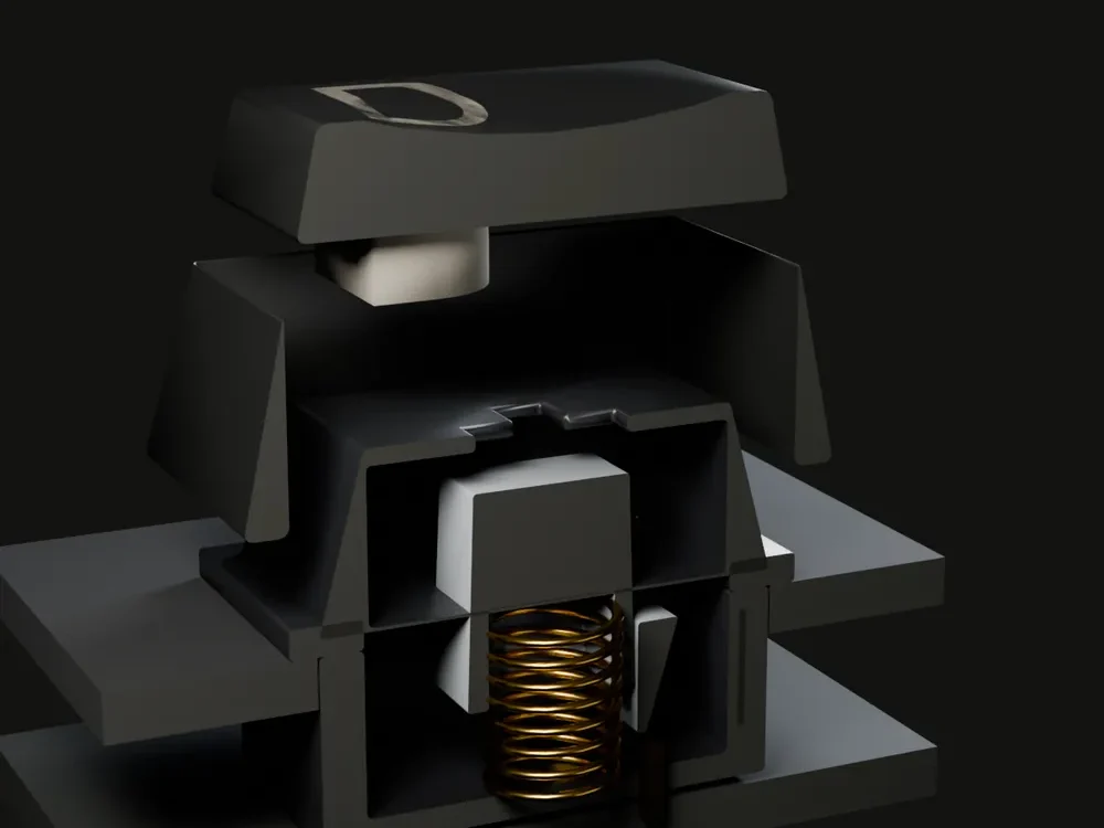 Cutaway of a silent switch with a grey stem, spring visible