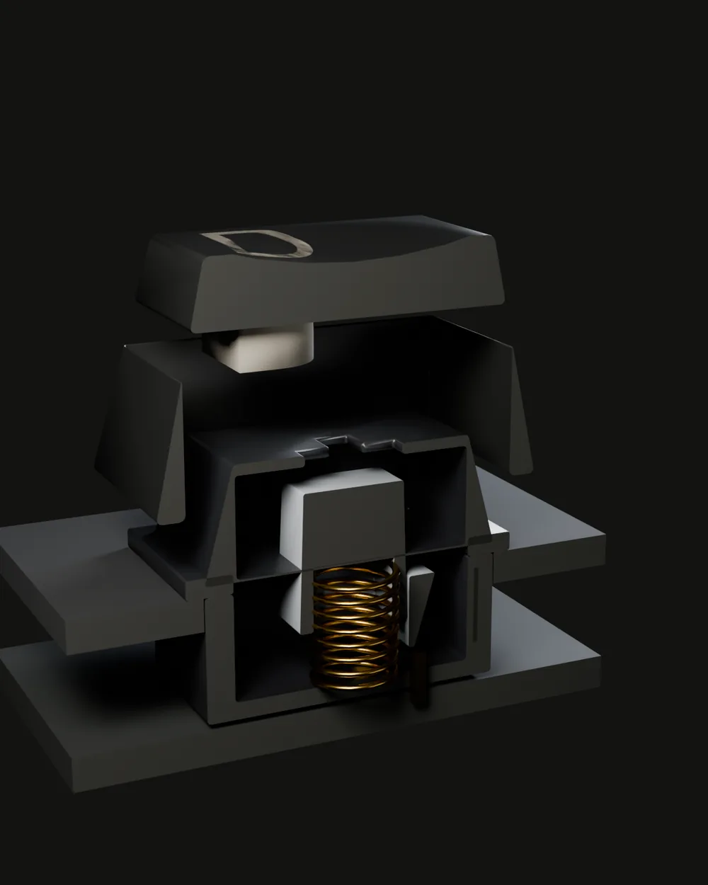 Cutaway of a silent switch with a grey stem, spring visible