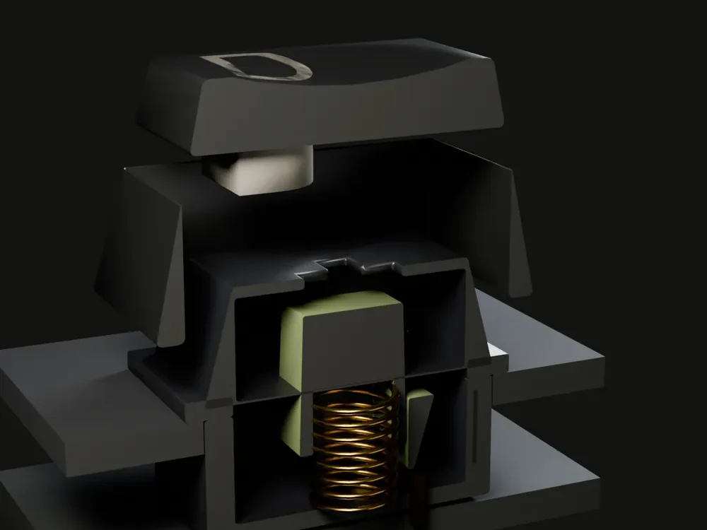 Cutaway of a tactile switch with an olive stem, spring visible