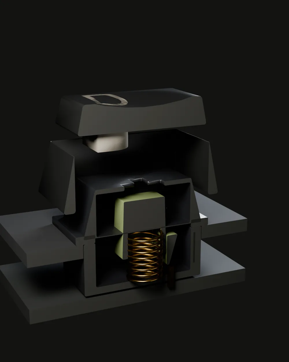 Cutaway of a tactile switch with an olive stem, spring visible