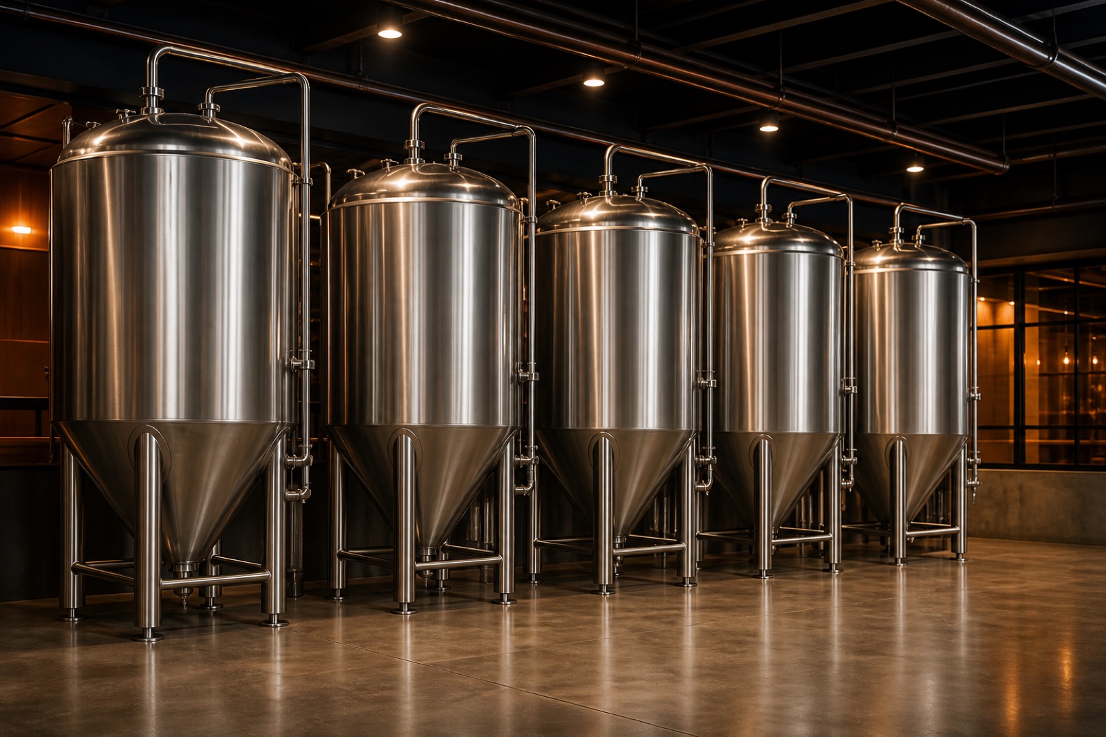 Row of stainless steel tanks in a production cellar