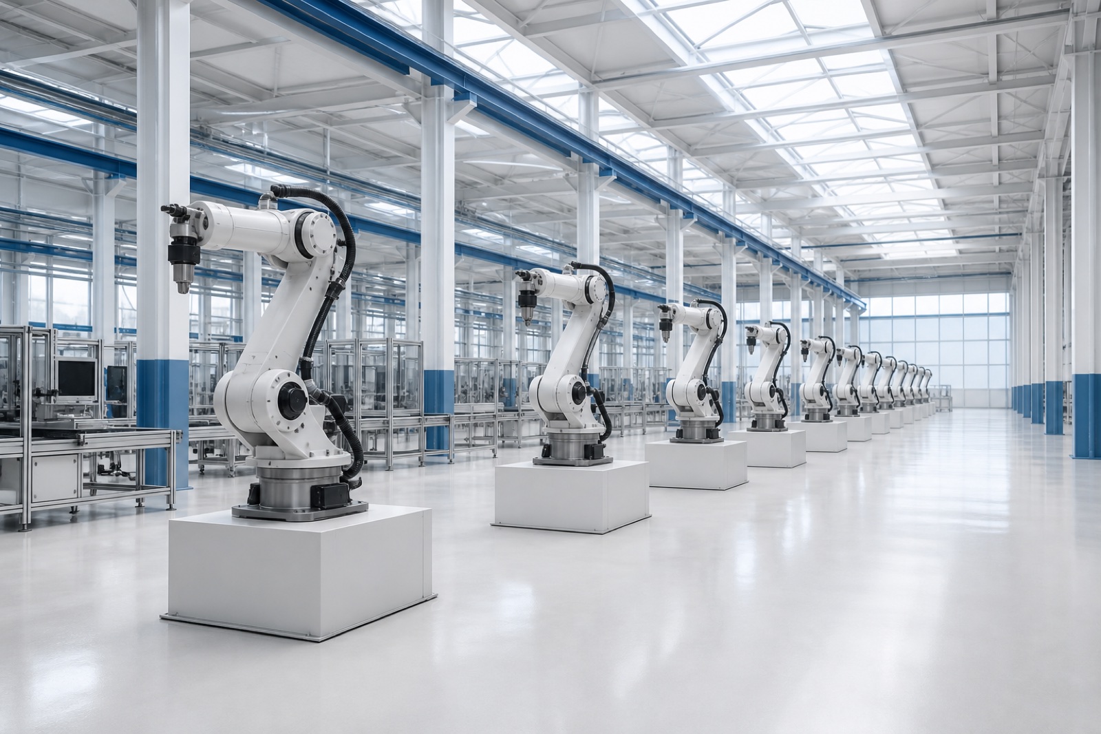Row of articulated robot arms along a cool white assembly workshop floor