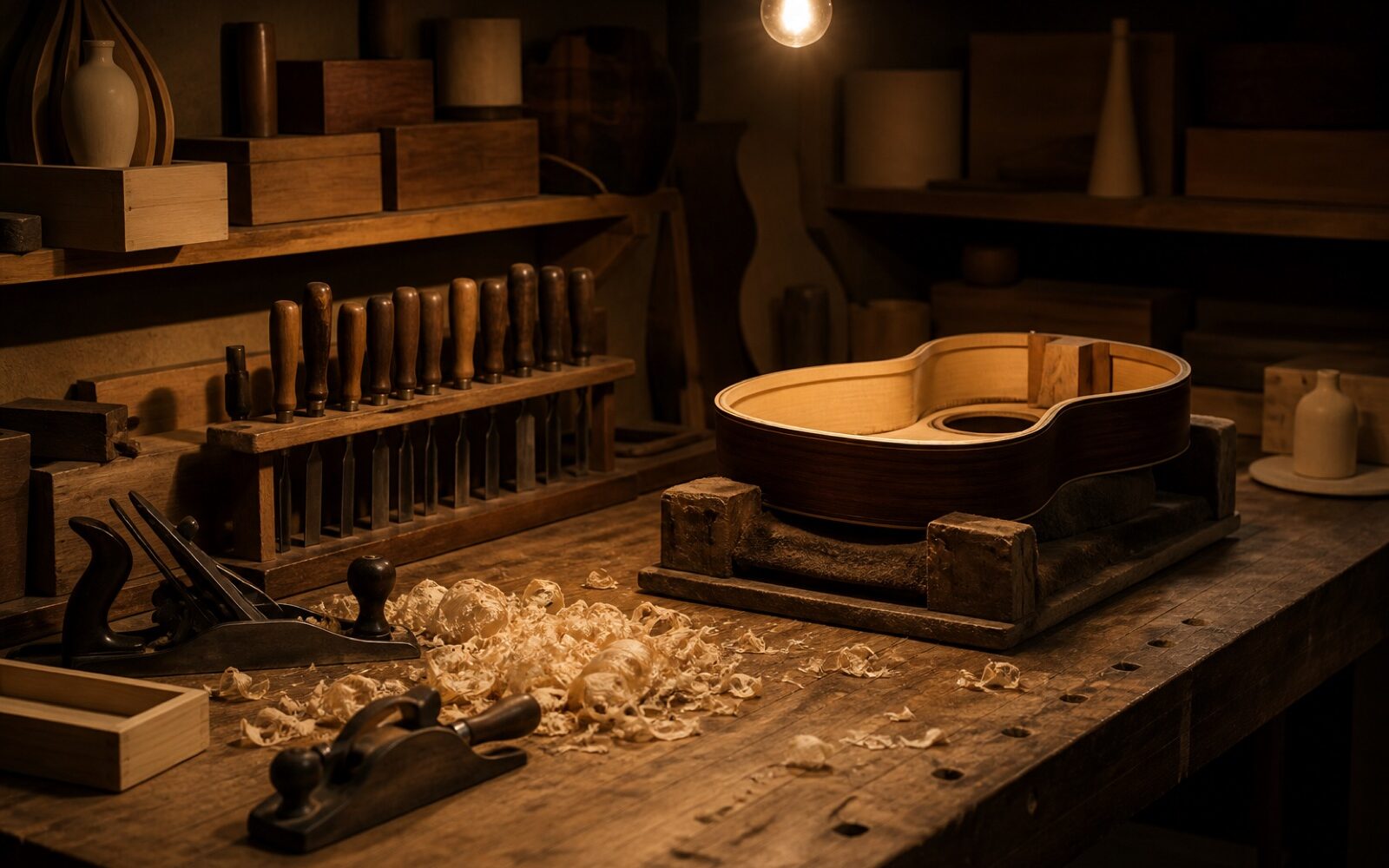 Hand planes and shavings on a luthier bench