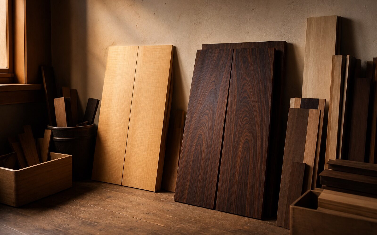 Stacks of timber resting in the workshop loft