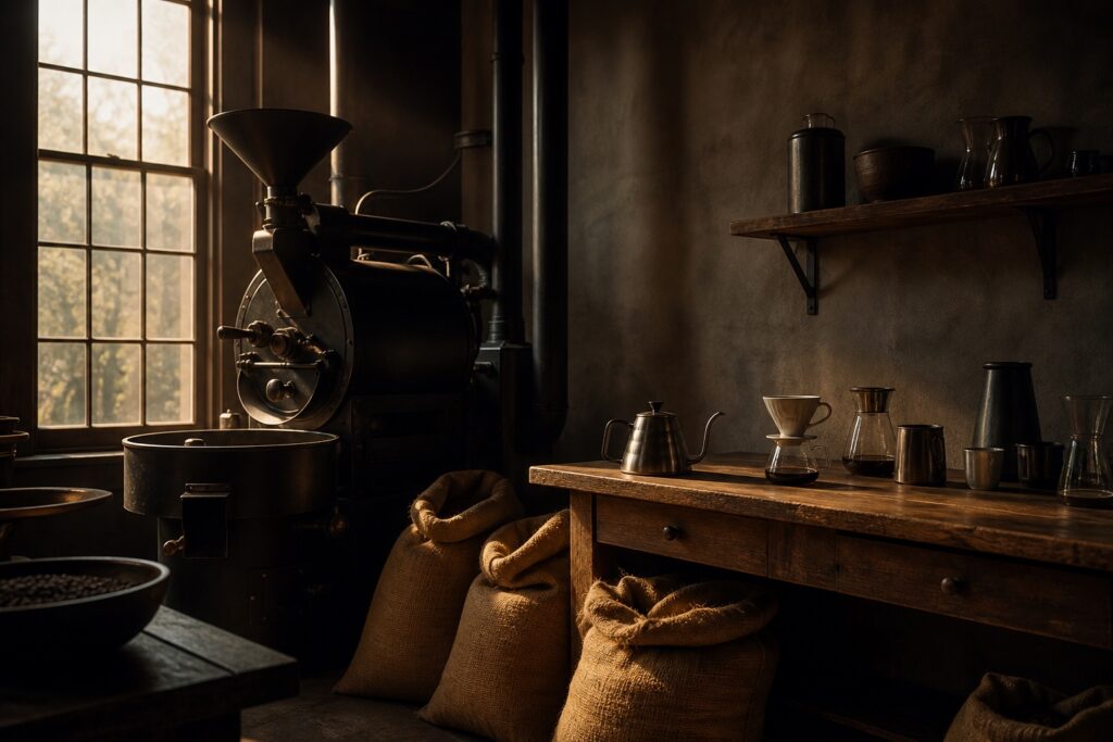 Small roastery studio with workbench and warm evening light