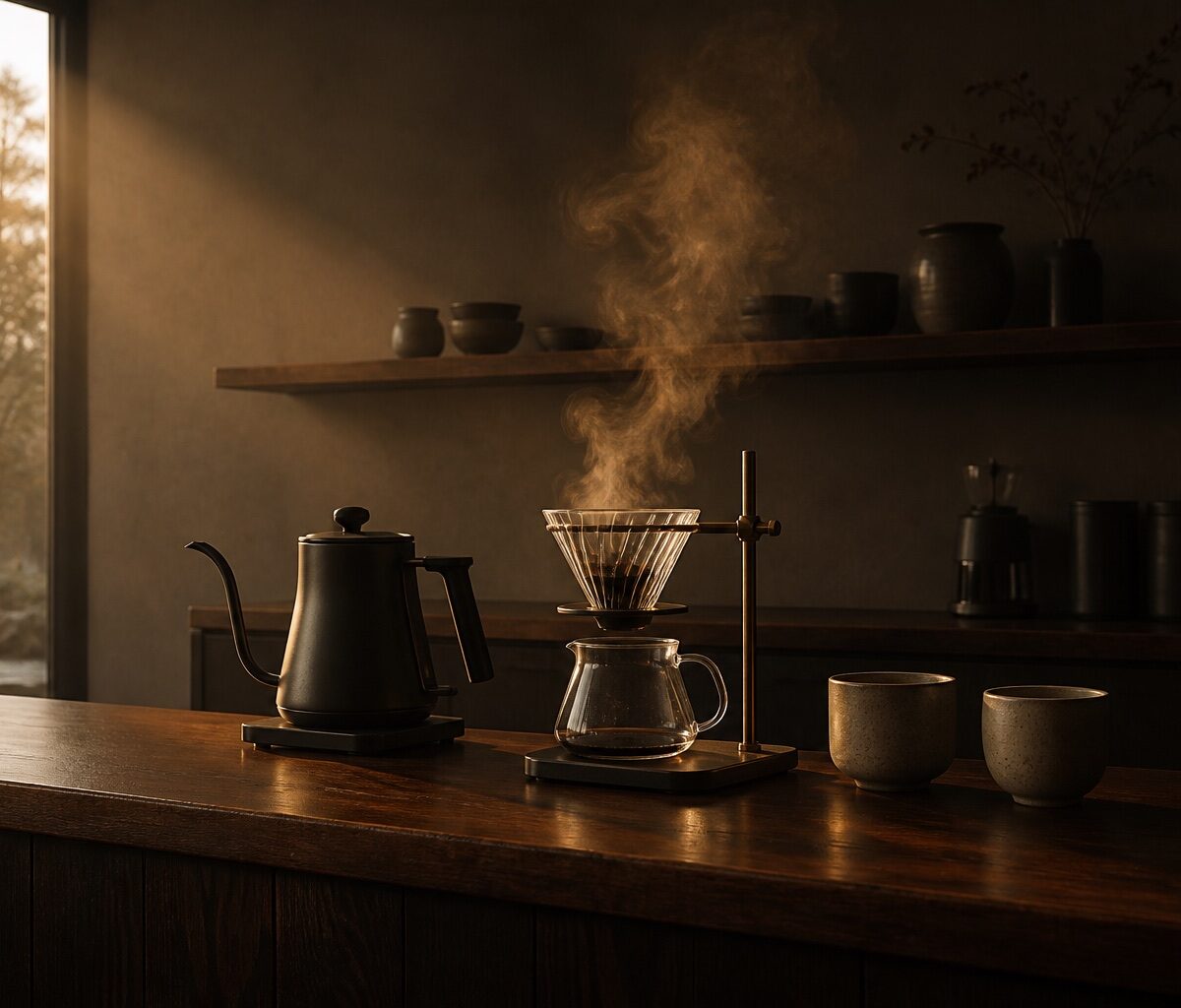 Specialty coffee brew bar with kettle and dripper in warm dawn light