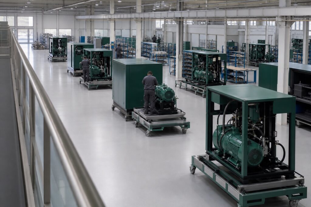 Compressor packages in assembly on a production line