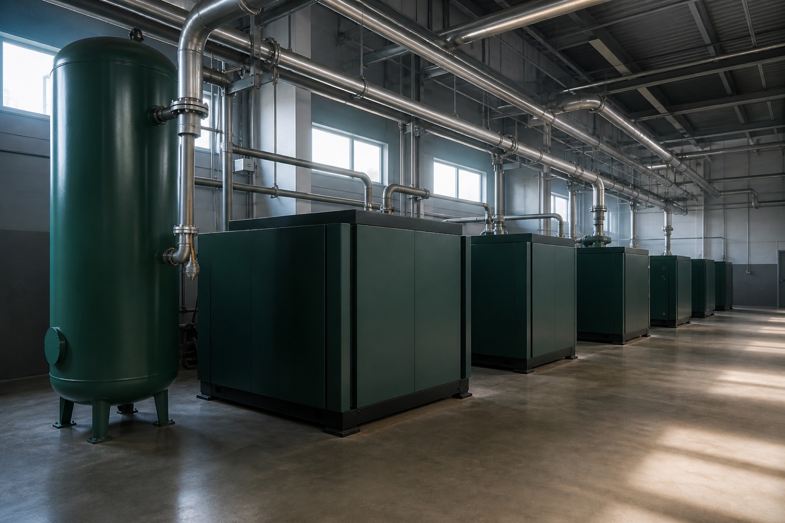 Compressed air plant room with screw compressors and receivers