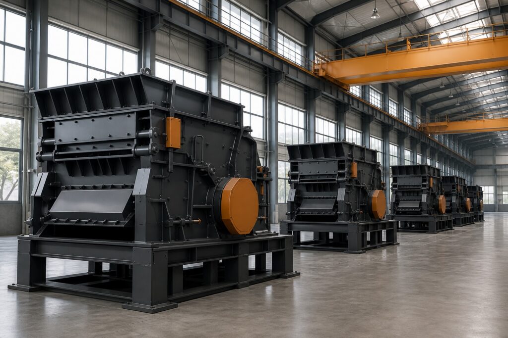 Partially assembled crushers lined up in a heavy equipment final assembly hall