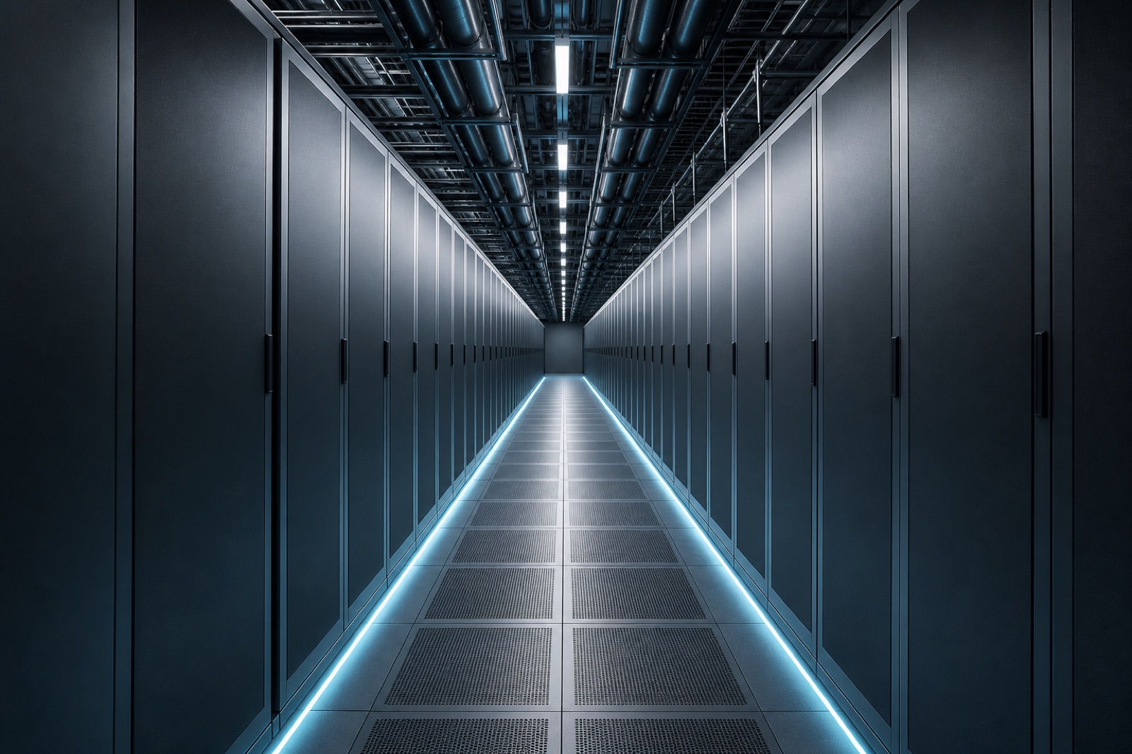 Contained cold aisle in a high-density data hall with overhead coolant piping