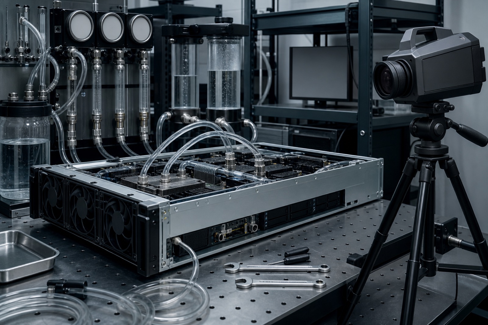 Thermal validation bench with an instrumented liquid-cooled server under test