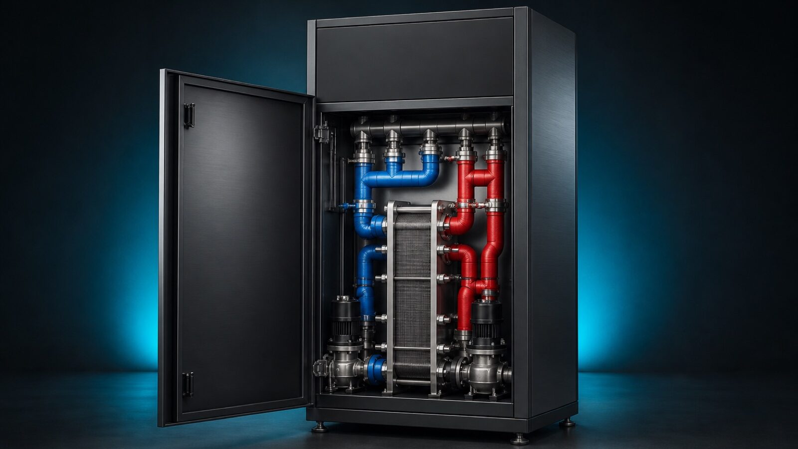 Mid-size coolant distribution unit cabinet with visible plate heat exchanger and blue and red coolant piping