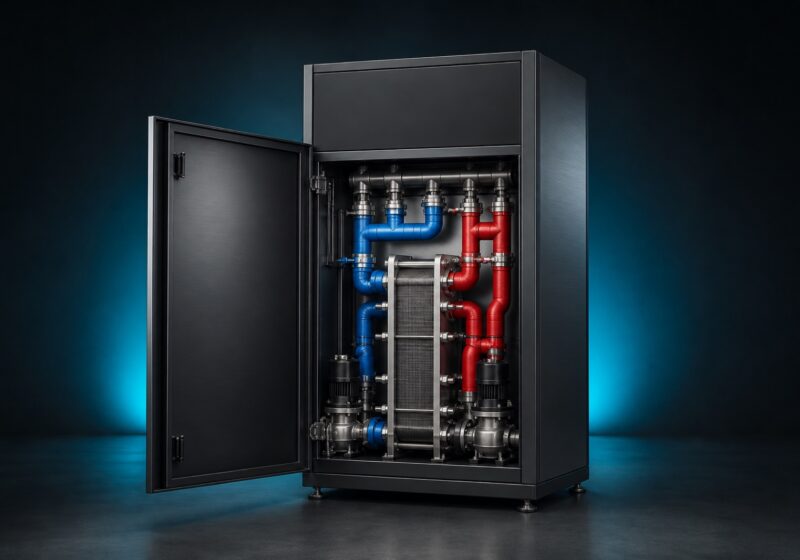 Mid-size coolant distribution unit cabinet with visible plate heat exchanger and blue and red coolant piping