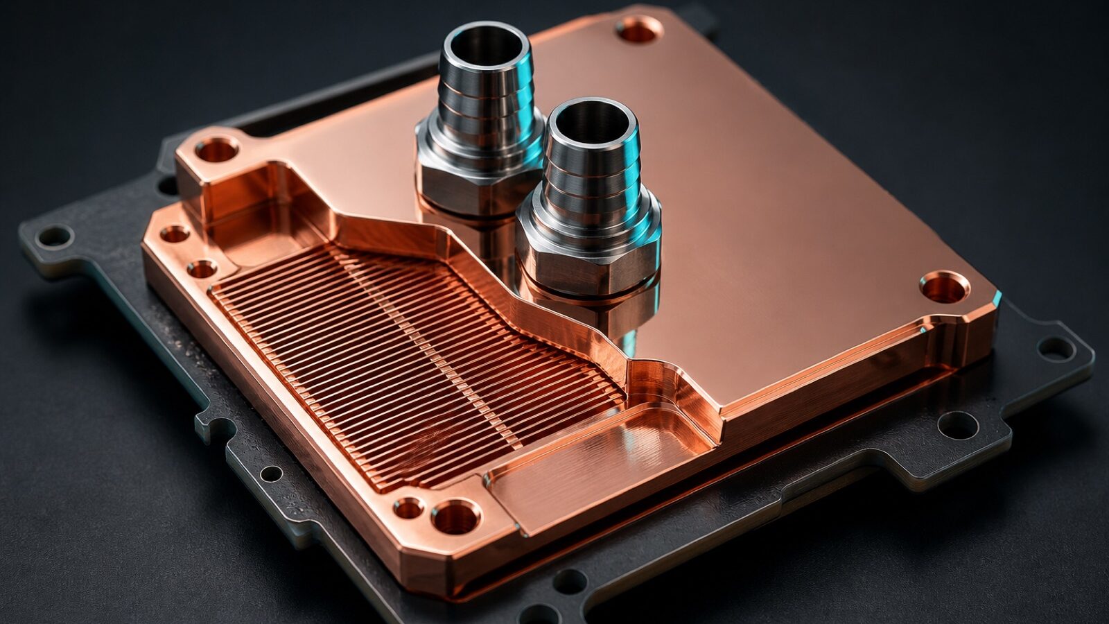 Copper microchannel cold plate for a server CPU with mirror-polished base and two stainless steel barb fittings