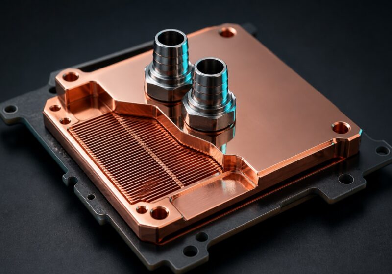 Copper microchannel cold plate for a server CPU with mirror-polished base and two stainless steel barb fittings