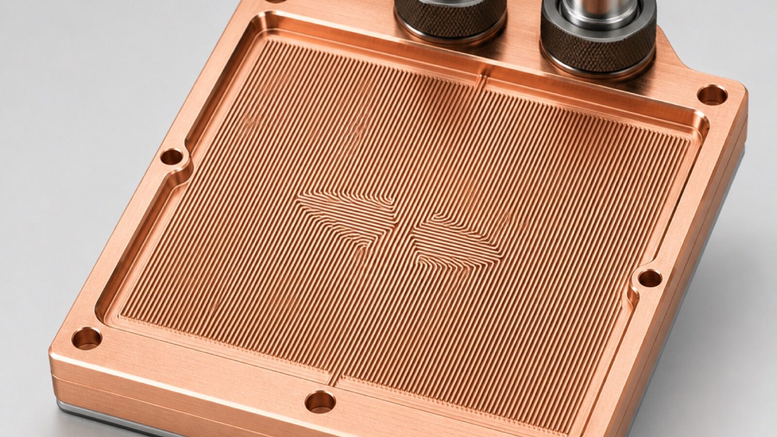 Precision-machined copper microchannel cold plate for a GPU accelerator with stainless steel fittings