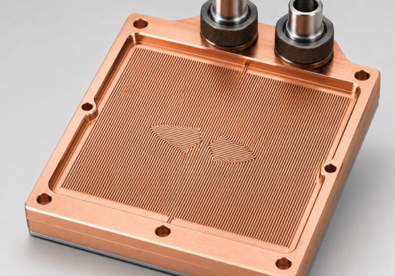 Precision-machined copper microchannel cold plate for a GPU accelerator with stainless steel fittings