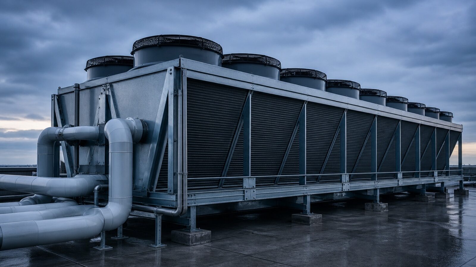 Rooftop dry cooler heat rejection unit at dusk