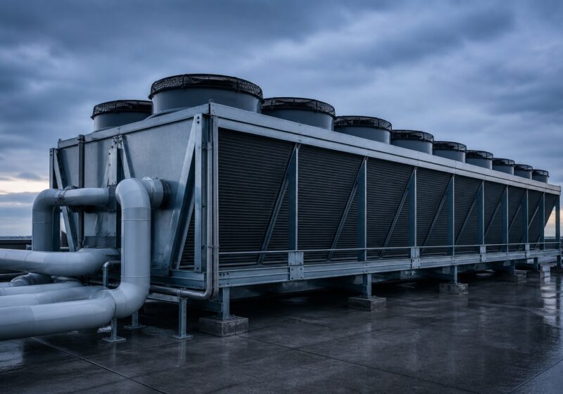 Large outdoor rooftop dry cooler heat rejection unit with a V-shaped finned coil frame and a row of axial fans