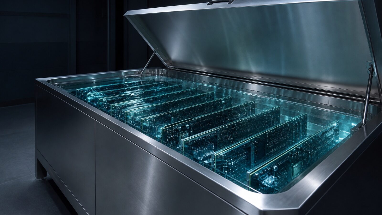 Single-phase immersion tank with submerged server boards in clear dielectric fluid