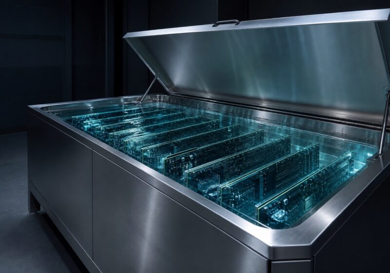 Single-phase immersion cooling tank filled with clear dielectric fluid and server boards submerged vertically in rows