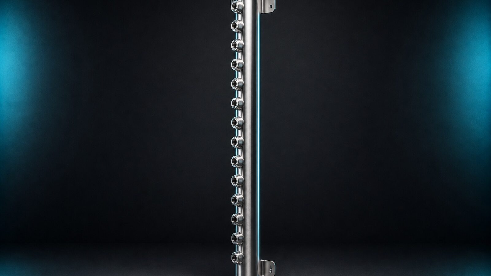 Tall vertical stainless steel rack coolant manifold with a column of evenly spaced blind-mate quick disconnect ports