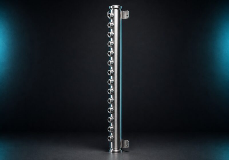 Tall vertical stainless steel rack coolant manifold with a column of evenly spaced blind-mate quick disconnect ports