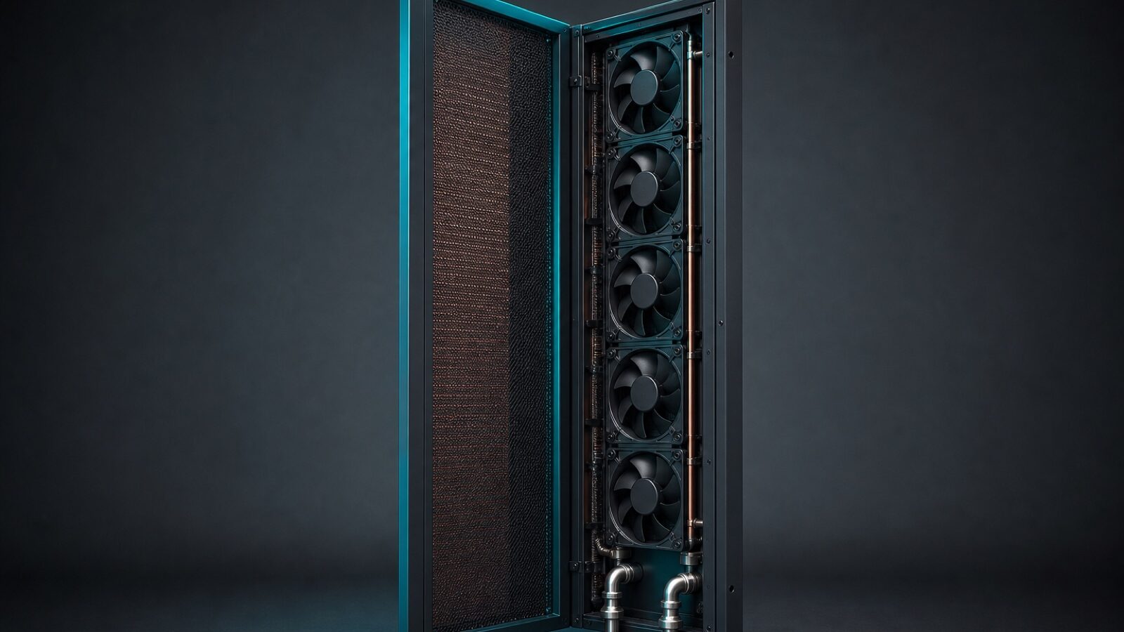 Active fan-assisted rear door heat exchanger with a vertical row of EC fans and a copper fin coil, shown open at an angle