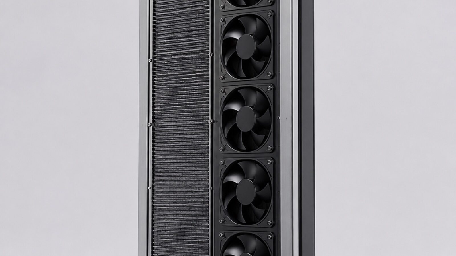 Passive rear door heat exchanger panel with a dense copper fin water coil behind a perforated dark mesh face