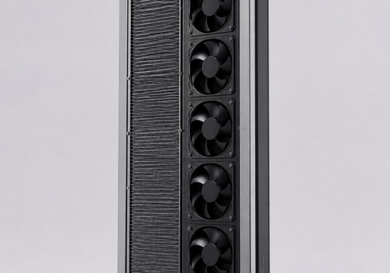 Passive rear door heat exchanger panel with a dense copper fin water coil behind a perforated dark mesh face