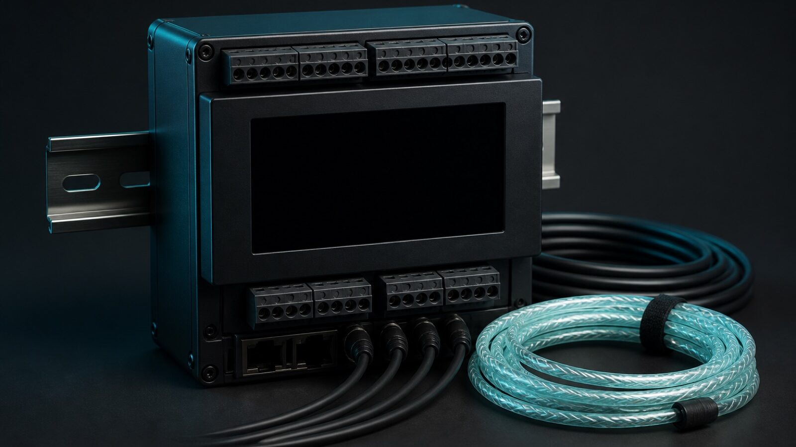 Compact DIN-rail industrial monitoring controller and leak detection gateway with terminal blocks and a coiled sensing rope