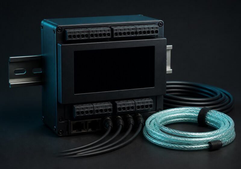 Compact DIN-rail industrial monitoring controller and leak detection gateway with terminal blocks and a coiled sensing rope