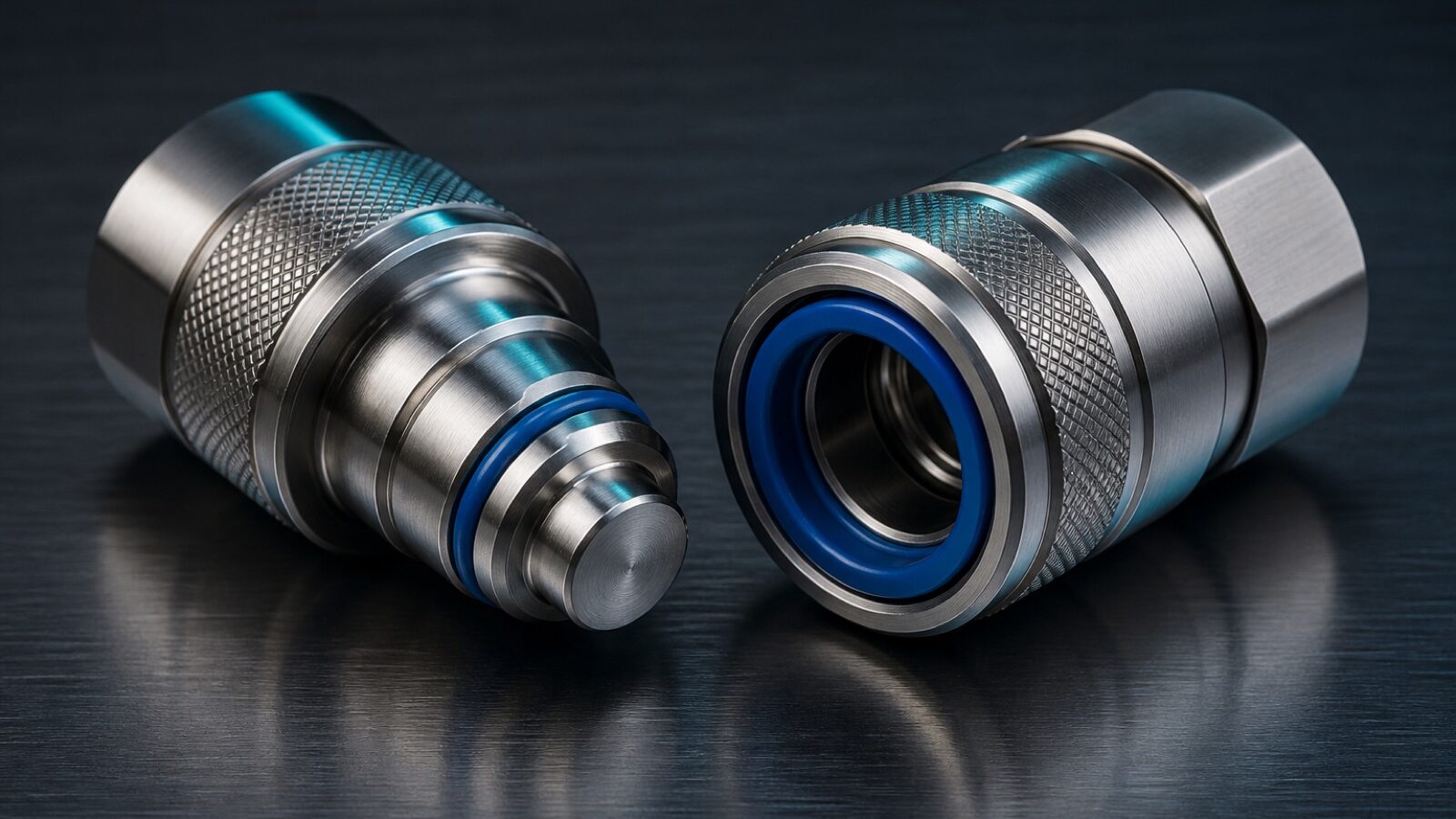 Macro view of a pair of stainless steel universal quick disconnect coolant couplings with knurled collars and blue elastomer seals