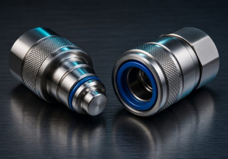 Macro view of a pair of stainless steel universal quick disconnect coolant couplings with knurled collars and blue elastomer seals