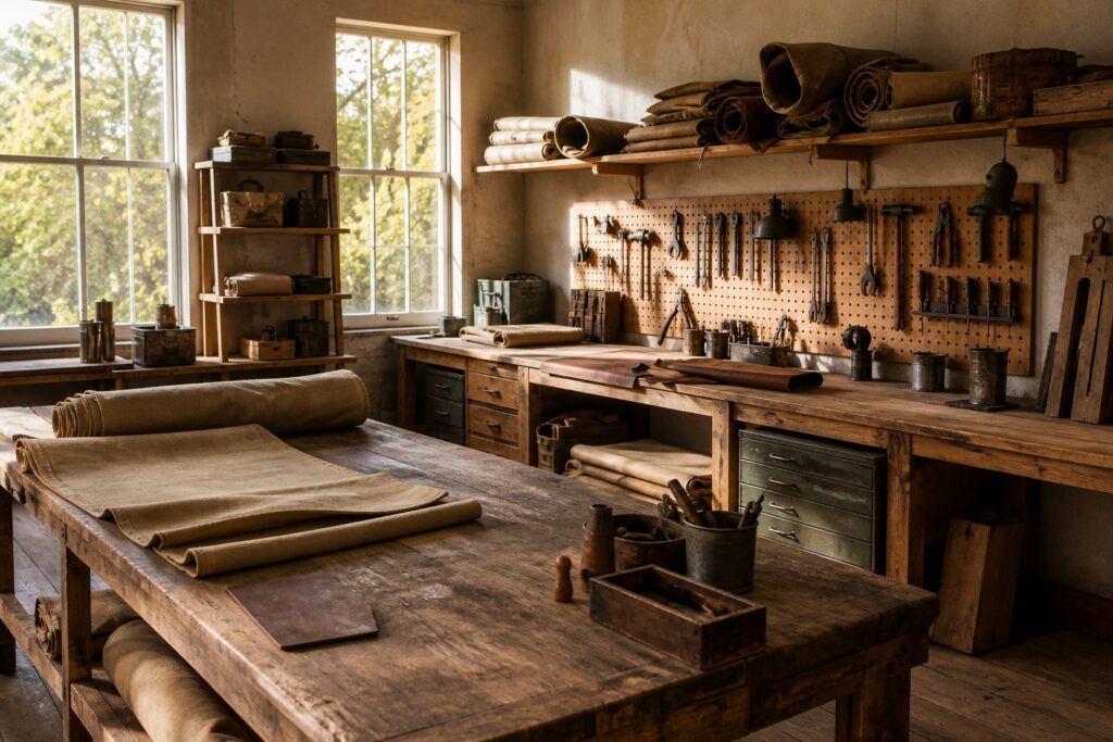 Workshop bench with canvas rolls, wooden tent poles and camp gear prototypes