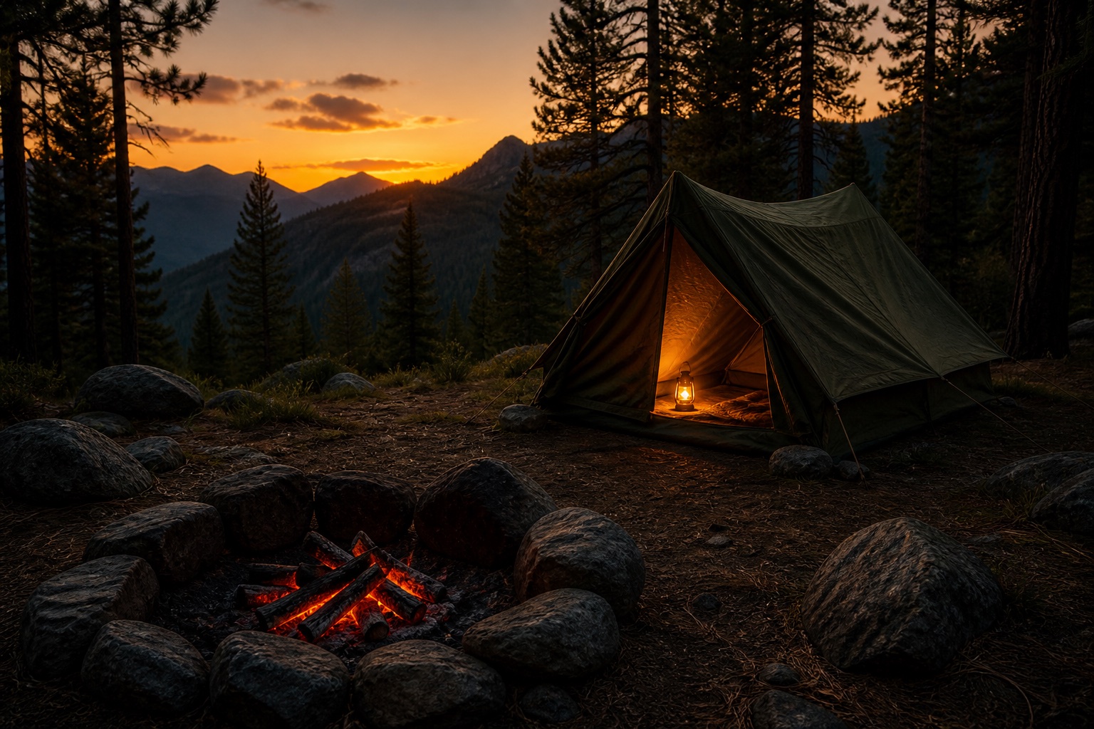 Canvas tent at dusk with a glowing lantern and camp furniture on a forest clearing