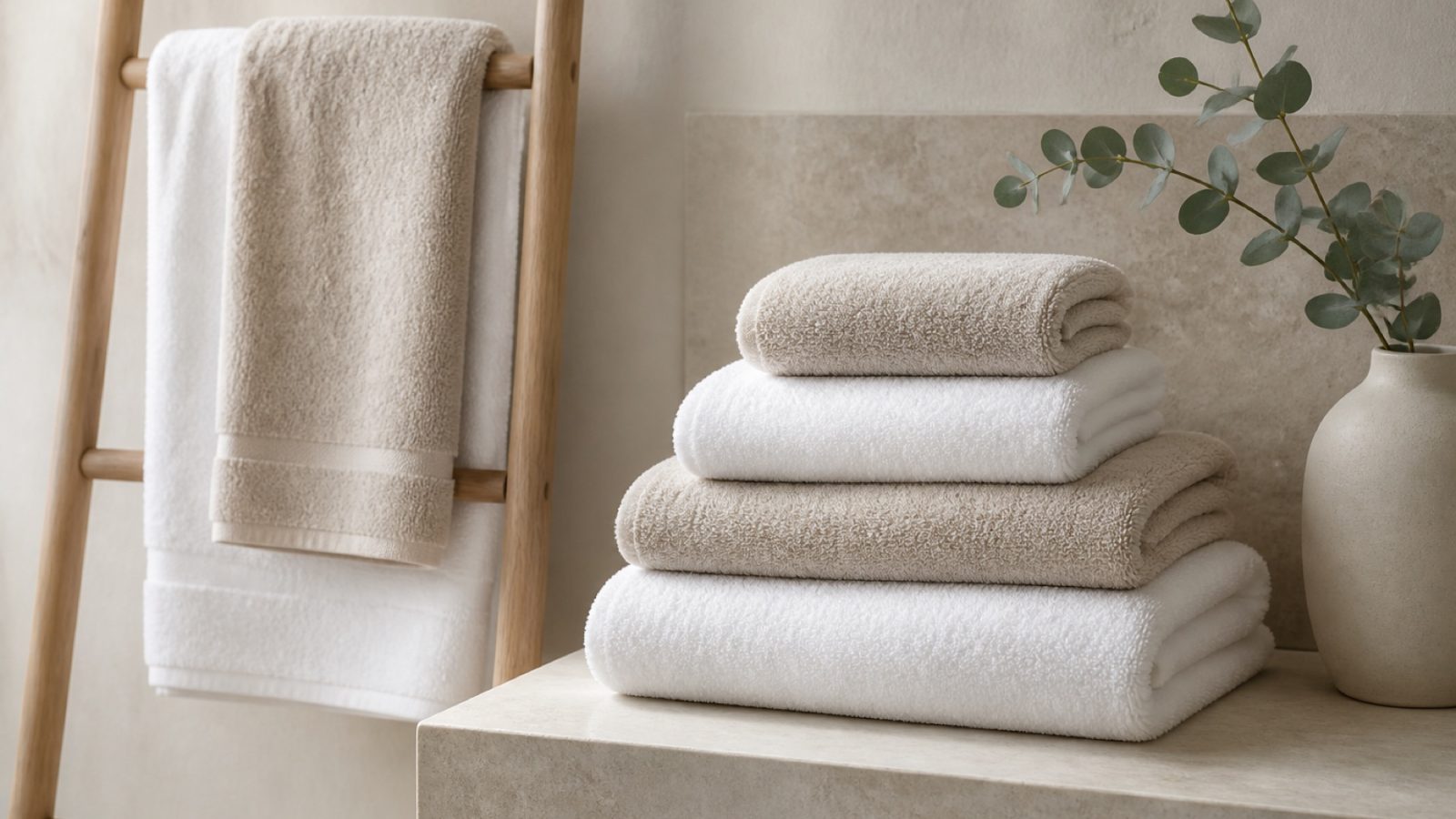 Folded white and oatmeal towels on a pale oak rail in a serene bathroom