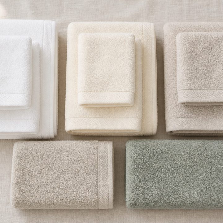 Folded towels graduating from white through oatmeal to eucalyptus on linen