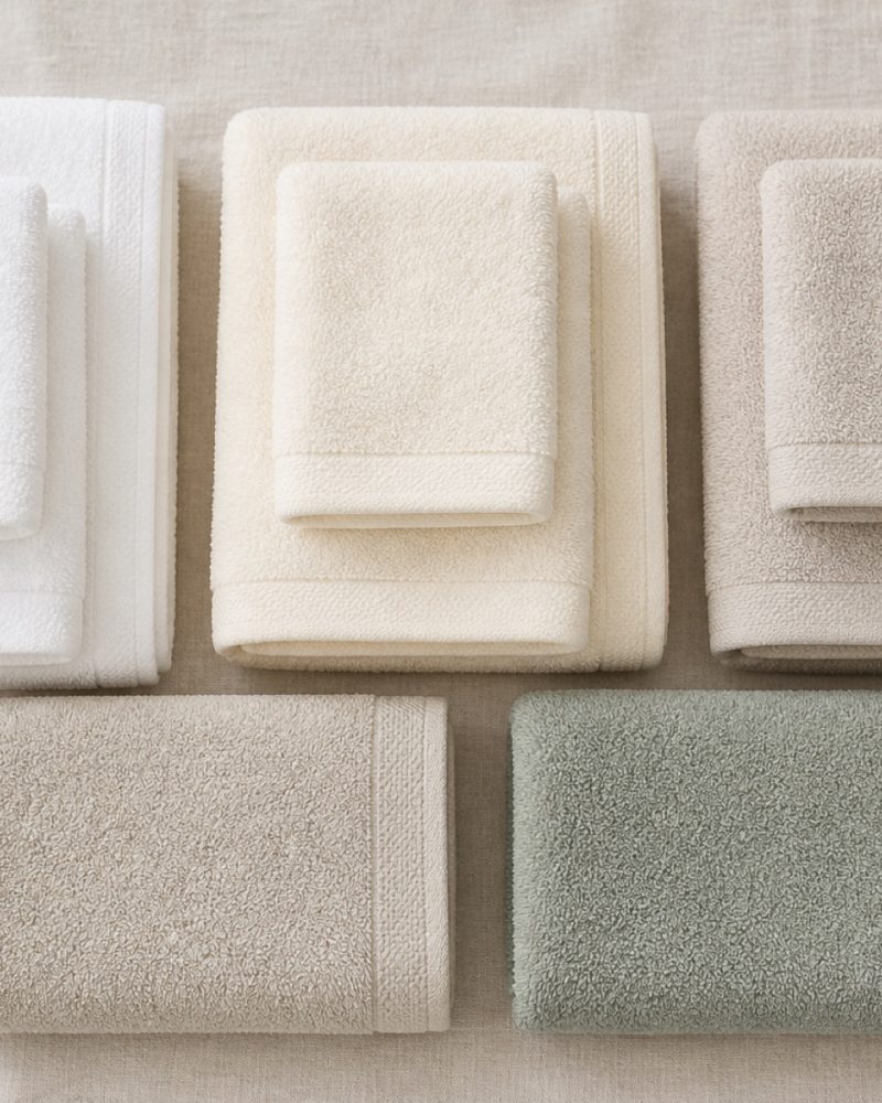 Folded towels graduating from white through oatmeal to eucalyptus on linen