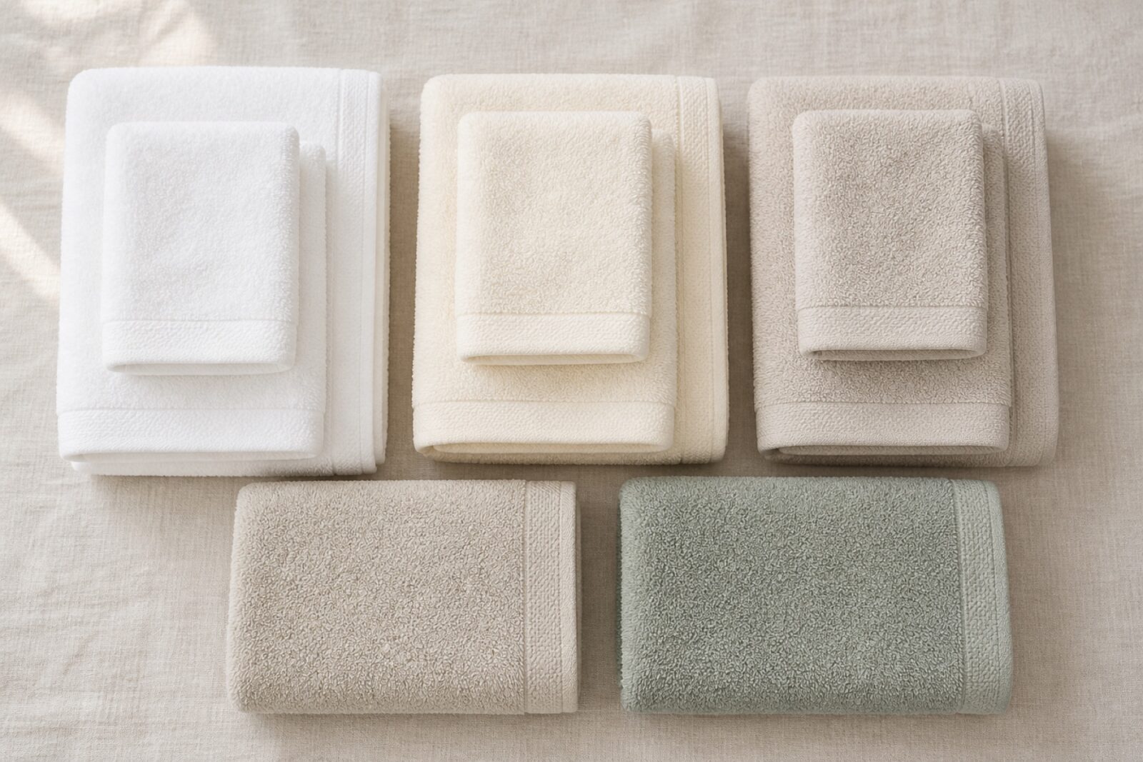 Folded towels graduating from white through oatmeal to eucalyptus on linen